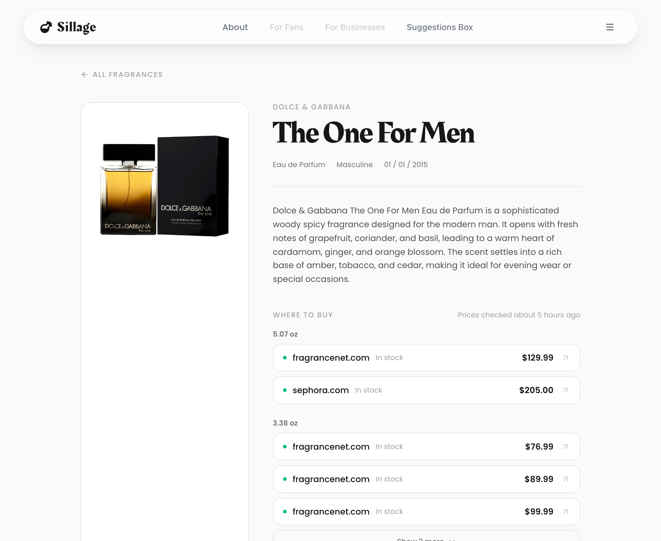 A fragrance page with the bottle photo, description, and retailer prices grouped by size