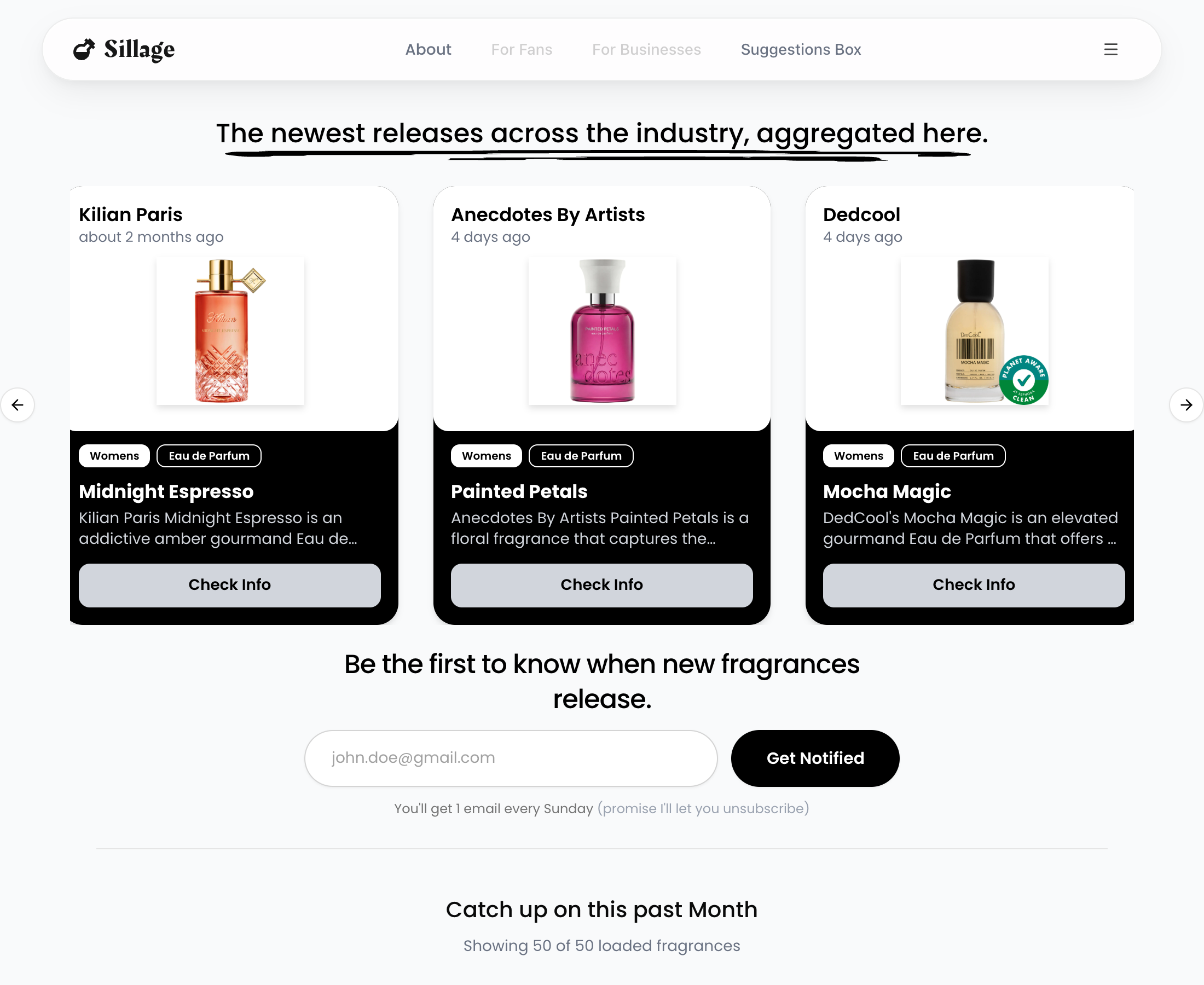 The Sillage homepage with the floating header, newest releases, and the subscribe form