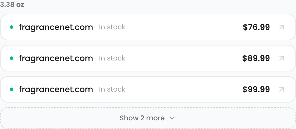 Three retailer rows for one bottle size followed by a Show 2 more button