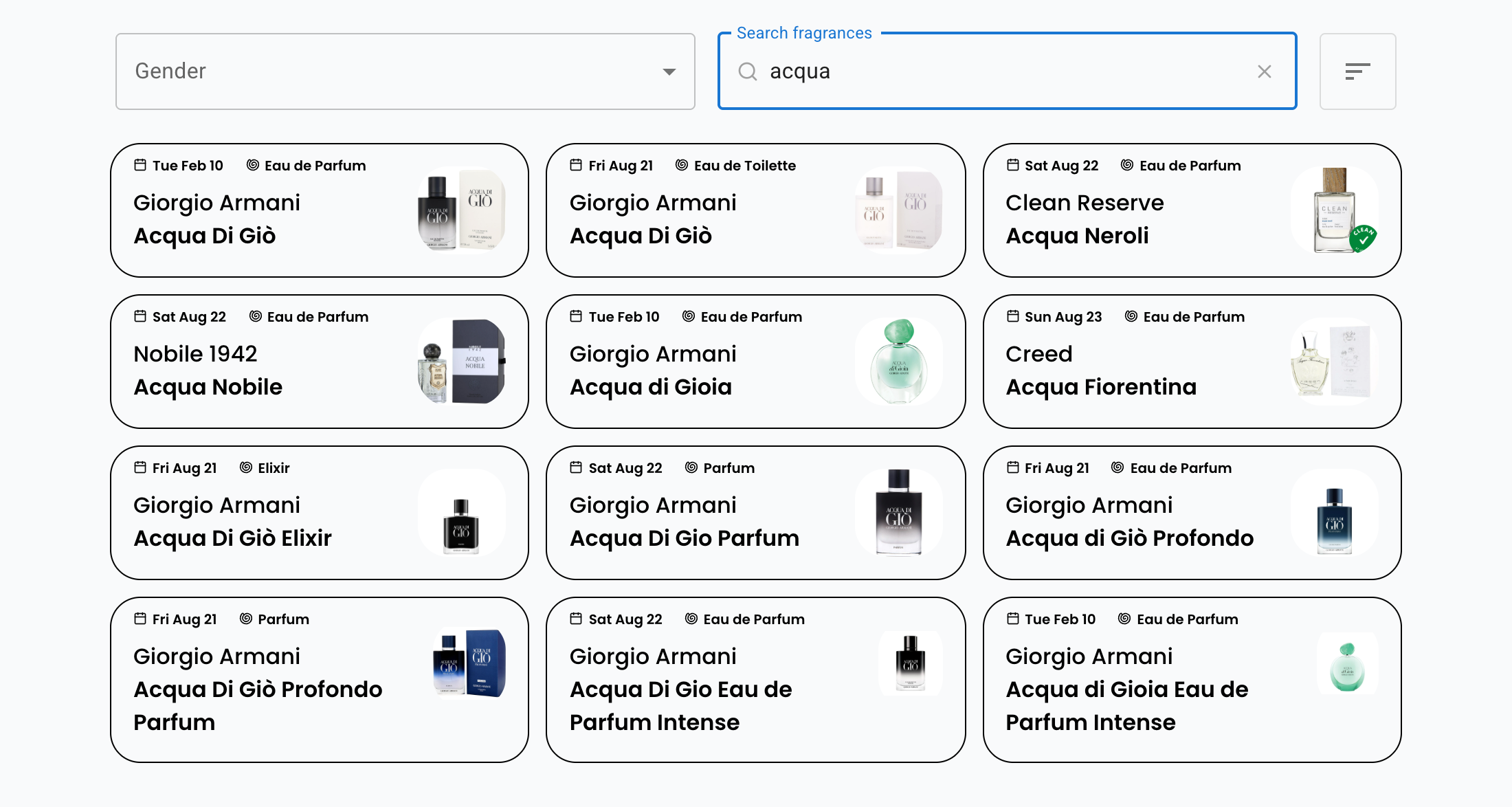 The catalog search box with acqua typed in and a grid of matching fragrances below