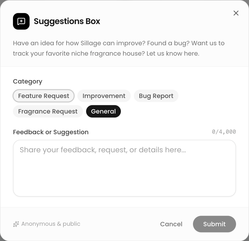 The Suggestions Box dialog with category pills and a feedback field