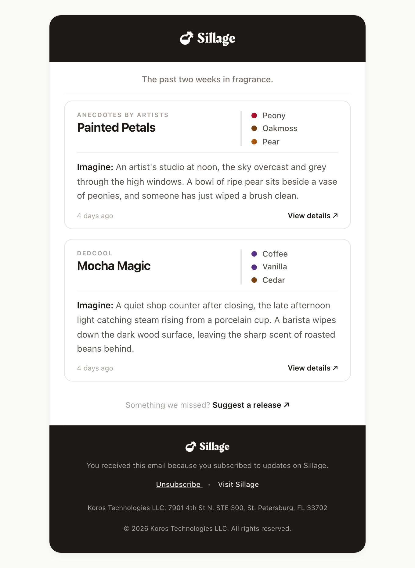 A full weekly digest email with two new releases, their notes, and a short scene for each